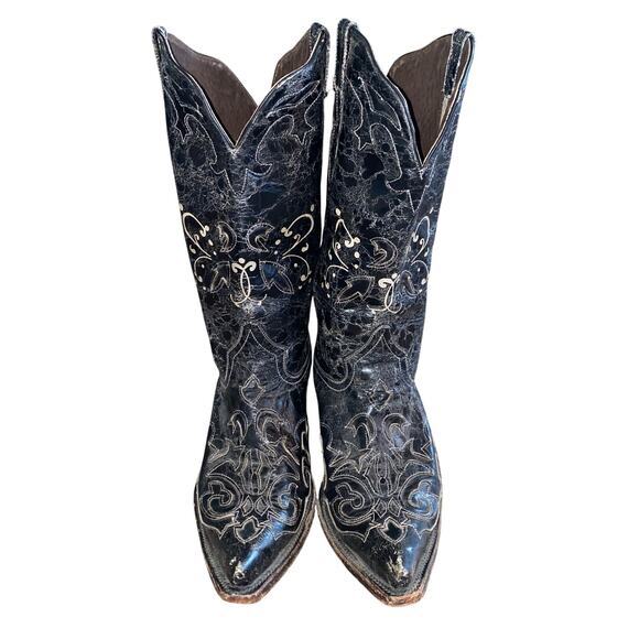 Pecos Bill Black Distressed Leather Cowboy Boots Women’s 8 Pointed Toe western - Picture 1 of 9